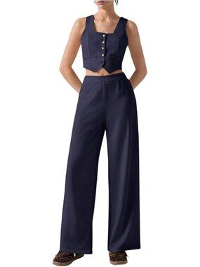 🆕Women's Blue 2 Piece Sets Wide Leg Pants Outfits Sleeveless Blazer Vest Suits